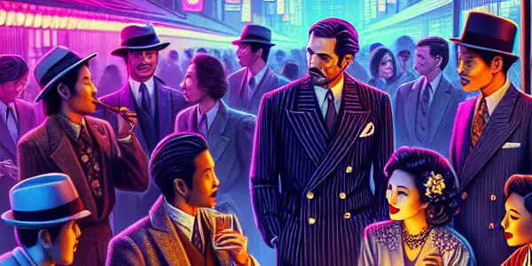 A vibrant 1980s Japanese nightlife scene featuring diverse characters, neon lights, and elements of adult film culture.