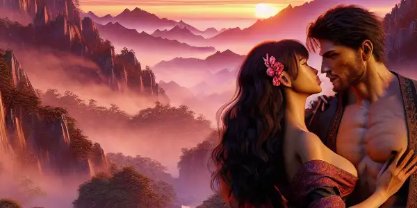 A romantic encounter between two characters in a vibrant mountain landscape at sunset, surrounded by nature.