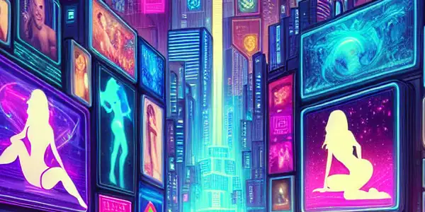 A vibrant neon-lit cityscape showcasing diverse characters engaging in adult entertainment activities amidst futuristic architecture.