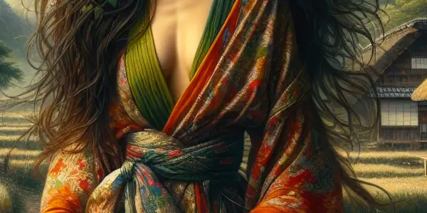 A confident woman in vibrant clothing amidst a picturesque rural landscape, embodying beauty and sensuality.