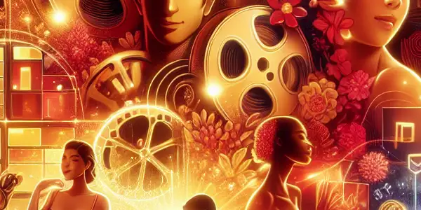 A vibrant digital scene depicting a modern adult entertainment platform focused on Japanese AV films, featuring diverse characters and cinematic elements.