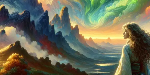 A young girl in traditional attire stands on a hilltop under a vibrant sunset sky, surrounded by glowing creatures.