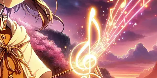 A young anime protagonist holds a glowing musical note on a bridge overlooking a vibrant fantasy landscape with cherry blossoms.