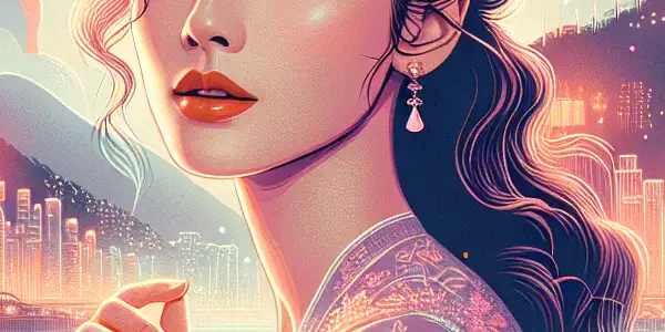 A romantic movie poster featuring actress Wu Qianlian against a vibrant Hong Kong skyline, symbolizing love and family.