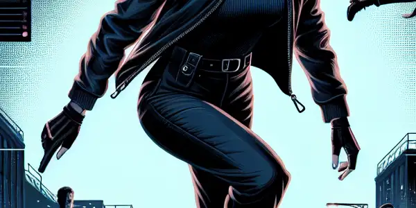 A fierce woman in tactical clothing performs an acrobatic leap in a dimly lit urban setting, hinting at espionage.