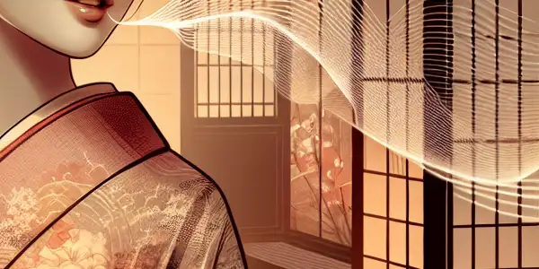 A graceful female figure in a kimono, surrounded by shoji screens and cherry blossoms, conveys sensuality in an intimate setting.