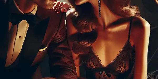 A romantic betrayal scene featuring a woman in lingerie and a man in a suit in a dimly lit luxurious setting.