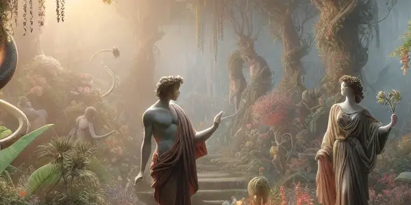 A lush garden scene with Adam and Eve embodying forbidden passion amid vibrant plants and mythological elements.