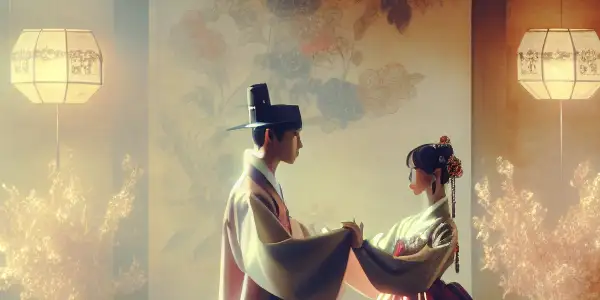 A serene room with elegant figures dancing, blending traditional Korean and modern fashion, evoking romance and allure.