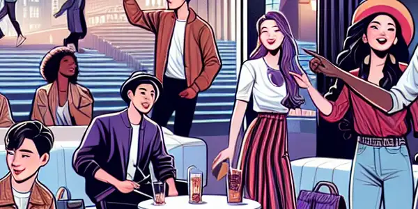 A lively scene of young adults in a stylish setting, engaging in playful and flirtatious interactions.