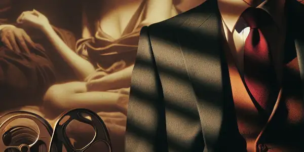 A charismatic male actor in a stylish, dimly-lit room, surrounded by vintage cinema elements and Japanese cultural hints.