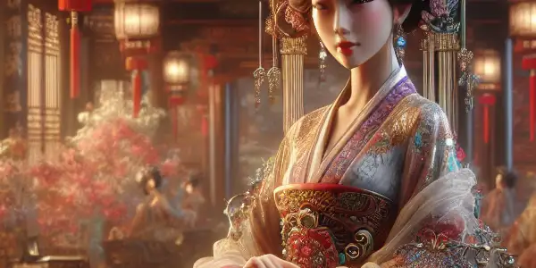 Yang Yuhuan, the Tang Dynasty beauty, elegantly poses in an opulent palace surrounded by cherry blossoms and lanterns.