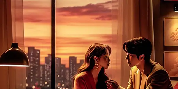 A couple shares a tender moment in a cozy, romantic apartment with warm lighting and intimate decor.