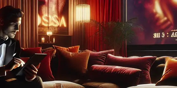 A luxurious home theater scene featuring a confident figure browsing adult cinema on a tablet amidst intimate, inviting decor.