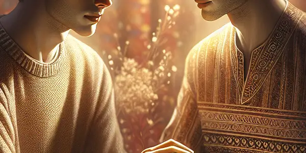 Two male characters share an intimate moment in a cozy, warmly lit room filled with romantic elements.