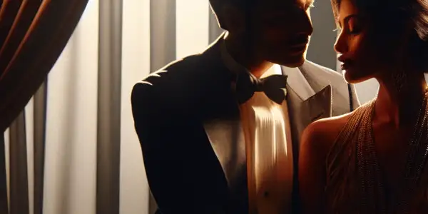 A passionate couple embraces in a dimly lit room, surrounded by romantic decor and soft lighting.