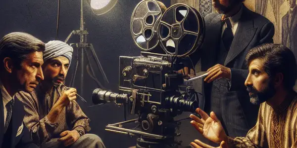 A vintage Soviet film set featuring a director and actors in suggestive poses, evoking 1980s adult cinema.