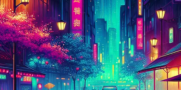A vibrant Tokyo street at night, filled with neon lights, intimate conversations, and a romantic atmosphere.