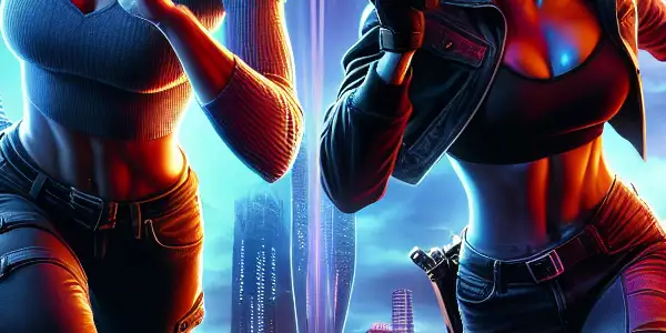A dynamic urban action scene featuring a strong female protagonist in a daring escape, illuminated by vibrant neon lights.