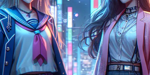 A vibrant Tokyo-inspired scene featuring two stylish young women embodying youthful allure amidst neon lights and modern technology.