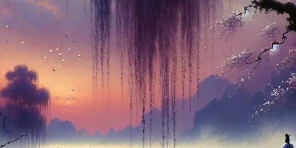 A tranquil lakeside at dusk with a solitary figure in traditional attire, surrounded by willow trees and cherry blossoms.