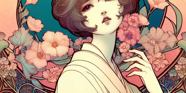 A sensual character named Paula surrounded by Art Nouveau elements in a dreamlike, elegant atmosphere.