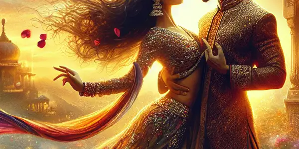 A romantic couple dances intimately in a vibrant Indian landscape, adorned in traditional attire, surrounded by flowers and warm sunset light.
