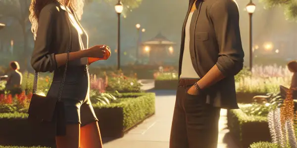 Two figures engage in a subtle conversation in a vibrant, sunlit park filled with greenery and flowers.