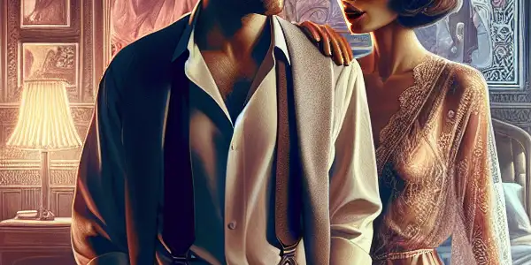 An intimate couple in a luxurious bedroom, embodying passion and secrecy amidst a dreamy, sophisticated atmosphere.