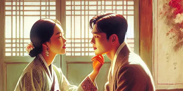 A couple shares a tender moment in a dimly lit, intimate room adorned with traditional Korean decor.