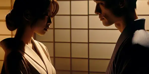 A couple shares an intimate gaze in a cozy, dimly lit room, adorned with cherry blossoms and a traditional sliding door.