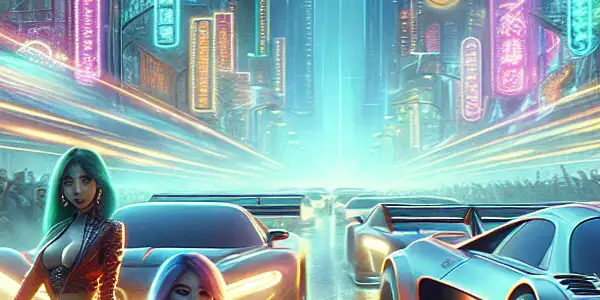 A vibrant street racing scene at night, featuring diverse characters in stylish outfits, sleek cars, and neon lights.