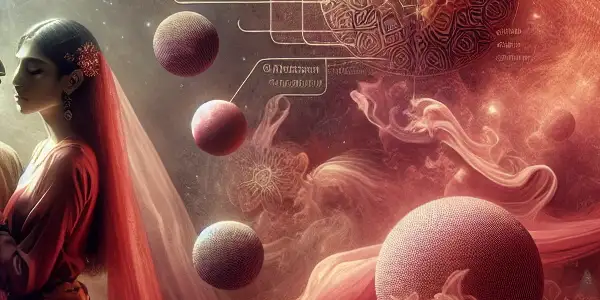 A couple embraces in a dimly lit, intimate setting, surrounded by warm colors symbolizing passion and desire.