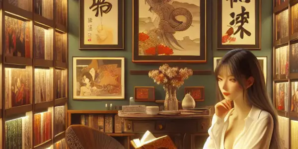 A cozy library nook filled with colorful books, featuring a young adult exploring erotic literature.