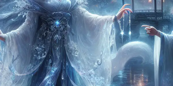 A mystical moonlit garden featuring a fox spirit and a young scholar, embodying allure and tension between desire and restraint.