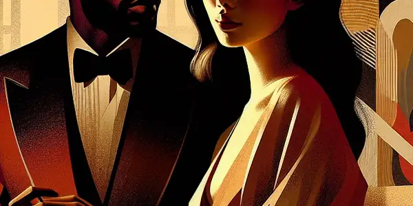 A couple shares an intimate gaze in a cozy, dimly lit room filled with literature and music.