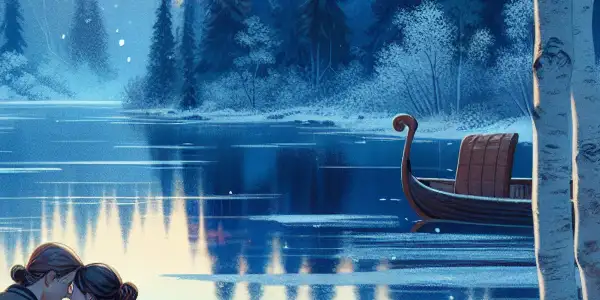 A serene Finnish landscape with a couple in an intimate moment, blending nature and emotional depth.