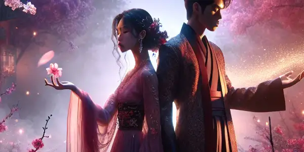 A romantic twilight scene in a cherry blossom garden featuring two glamorous figures conveying longing and allure.