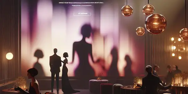 A sophisticated adult entertainment lounge with plush furniture, ambient lighting, and patrons in stylish evening wear.